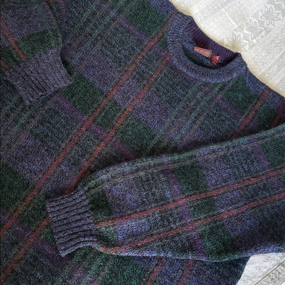 VTG 80s Shetland Wool Sweater Mens XL Ski Snow plaid Windowpane CrewNeck Grandpa